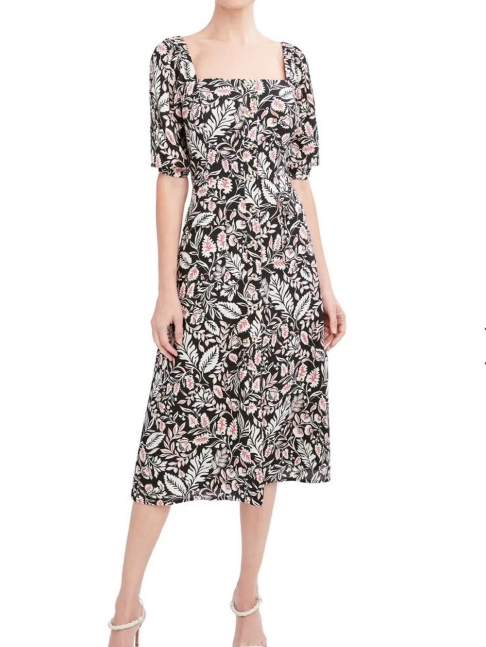 BCBGMAXAZRIA Floral Puff Sleeve Midi Dress Linen Blend Size 14